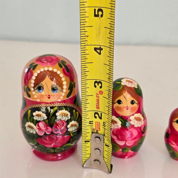 Russian Nesting Dolls Matryoshka Babushka Set of 5 Pink Gold Floral Signed Small - Picture 9 of 16
